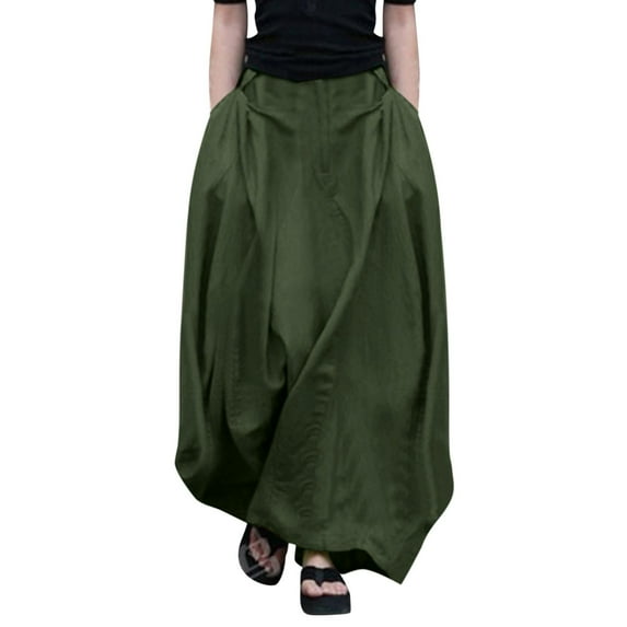 LOVZFMLL Maxi Skirts for Women Oversized Casual Solid Long Skirts with Pockets Loose Swing Flowy Beach Vacation Dress Army Green L
