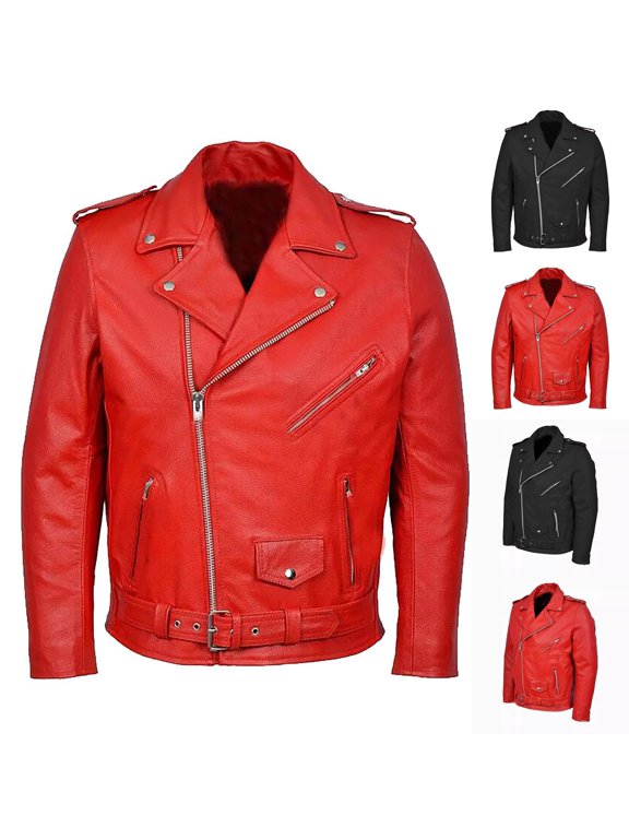Men's Leather Jacket Rock Motorcycle Jacket Retro Biker Jacket Casual Dressy Jackets Notched Collar Belt with Zipper Pockets