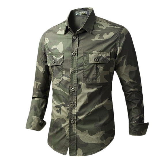 LOVZFMLL Men's Shirts, Camo Casual Button-Down Shirt with Front Pocket, Everyday Versatile, V-Neck Relaxed Fit Long Sleeve Fall Clothes