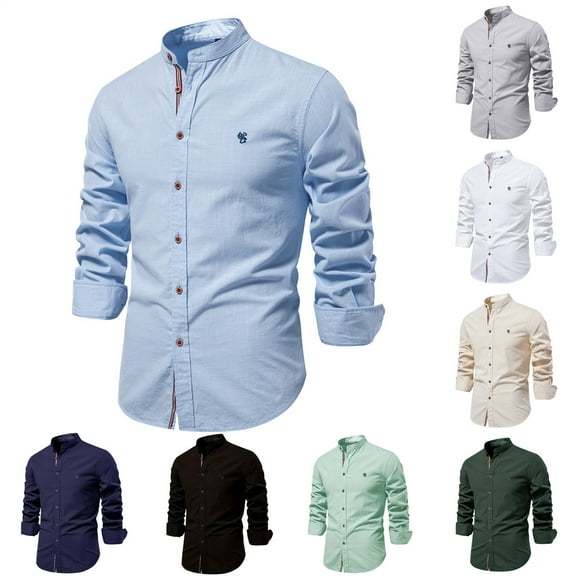 LOVZFMLL Men's Shirts, Casual Fashion Button-Down Shirt with Standing Collar, Preppy for Work Business, V-Neck Relaxed Fit Long Sleeve Fall Clothes