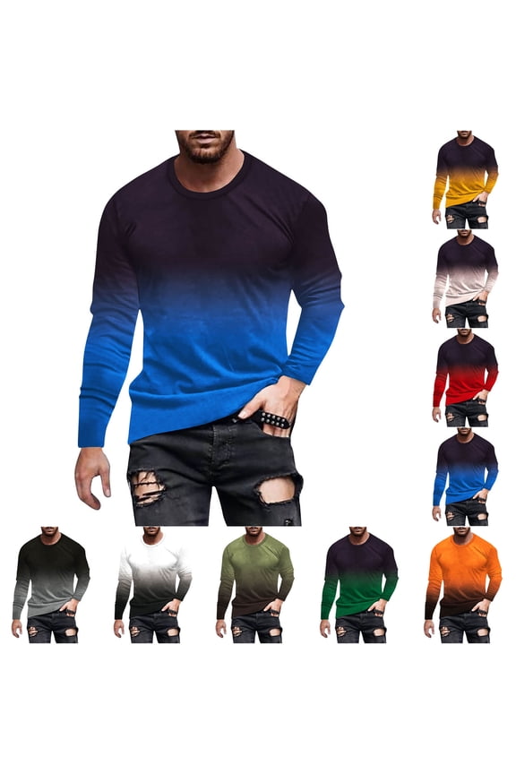Men's Shirts, Ombre Fashion Crew Neck T-Shirts, Versatile Everyday Essential, Relaxed Fit Pullover Fall Clothes