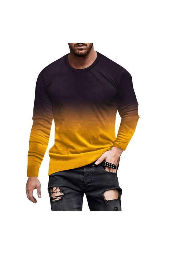 Men's Shirts, Ombre Fashion Crew Neck T-Shirts, Versatile Everyday Essential, Relaxed Fit Pullover Fall Clothes