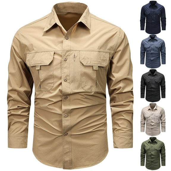 LOVZFMLL Men's Shirts, Vintage Fashion Button-Down Shirt with Front Pockets, Casual Everyday Versatile, V-Neck Relaxed Fit Long Sleeve Fall Clothes