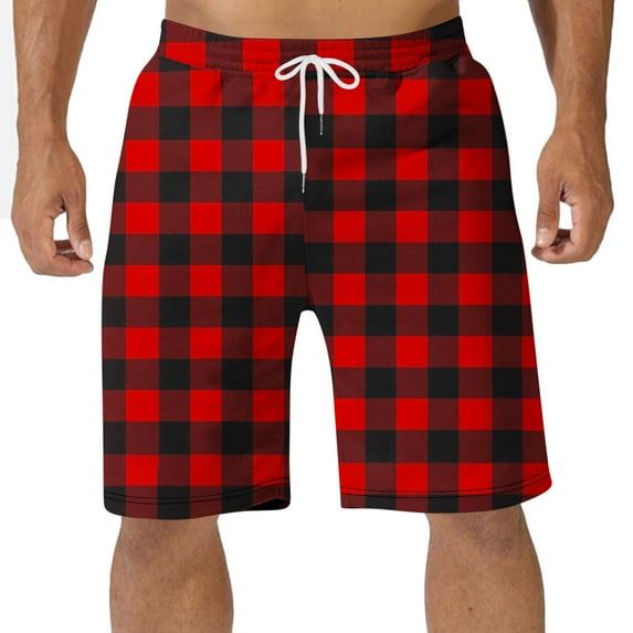 LOVZFMLL Men's Shorts Casual Gingham Plaid Half Shorts Beach Board Swimwear Lounge Sleep Shorts Elastic Waist with Pockets Red 3XL