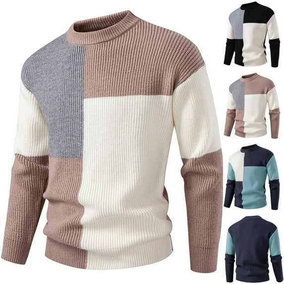 LOVZFMLL Men's Sweaters, Color Block Acrylic Crew Neck Ribbed Pullover, Fashion Casual Stretchy Layering Shirt, Warm Winter Tops, Fall Clothes