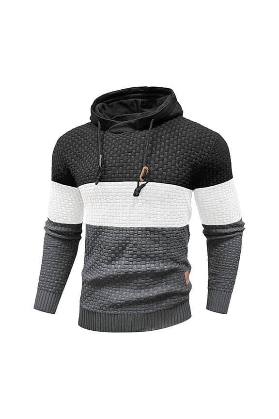 Men's Sweaters, Hooded Ribbed Pullover with Metal Buckle Drawstring, Color Block Casual Fashion, Cozy Warm Winter Tops, Fall Clothes