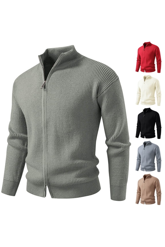 Men's Sweaters, Solid Color Acrylic Turtleneck Ribbed Cardigan, Mandarin Collar Two-Way Zipper Fashion Outerwear, Warm Winter Tops, Fall Clothes