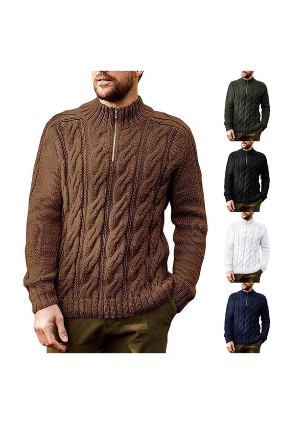 Men's Sweaters, Solid Color Turtleneck Cable Knit Pullover, Casual Fashion Zipper Outerwear, Warm Winter Tops, Fall Clothes