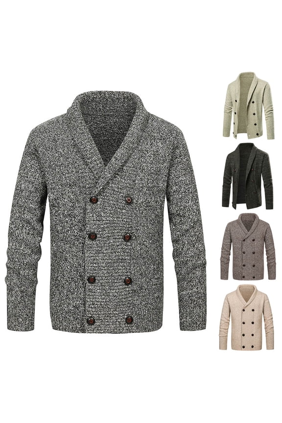 Men's Sweaters, Solid Color V-Neck Ribbed Cardigan, Casual Double-Breasted Lapel Sweater Jacket, Soft Outerwear, Fall Clothes, Warm Winter Tops