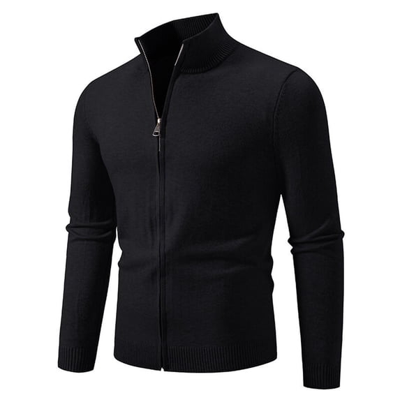 LOVZFMLL Men's Sweaters, Solid Color V-Neck Ribbed Cardigan, Casual Zipper Mandarin Collar Outerwear, Fall Clothes, Warm Winter Tops