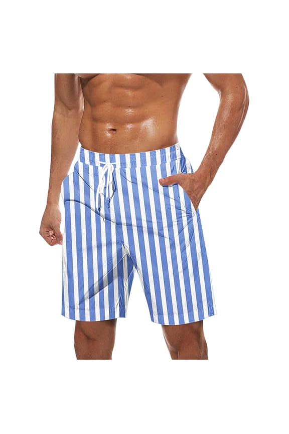 Men's Swim Trunks Striped Quick Dry Bathing Suits for Men Swim Shorts Swimwear Beach Board Shorts with Pockets Blue M