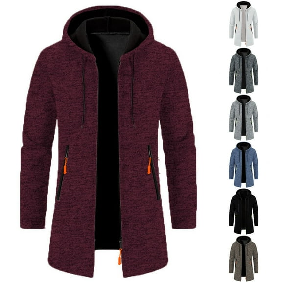 LOVZFMLL Men's Trench Coat Zip Up Hooded Long Jacket Casual Loose Long Sleeve Coat Fall Winter Overcoat Outwear with Zipper Pockets