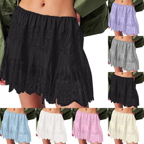 LOVZFMLL Mini Skirts for Women Ruffle Lace Boho Short Skirts Elastic Waist Swing Flowy A-Line Skirts Casual Beach Vacation Clothes Beige L