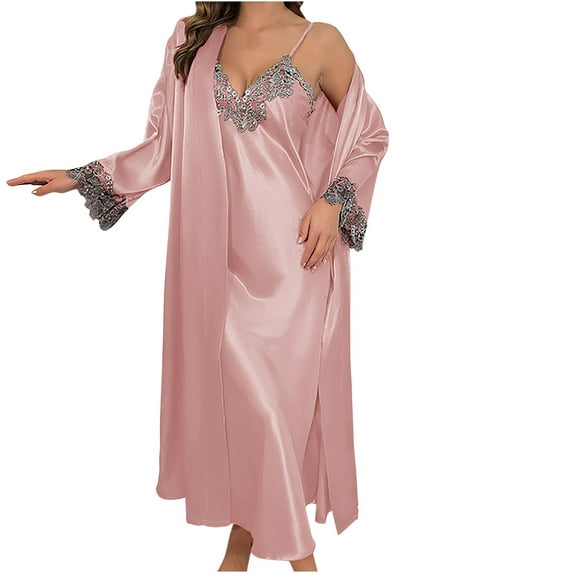 LOVZFMLL Pajama Sets for Women 2 Piece Lace Floral Embroidery Spaghetti Strap Maxi Dress Nightgown with Robe Lounge Sets Comfy Soft Sleepwear Loungewear