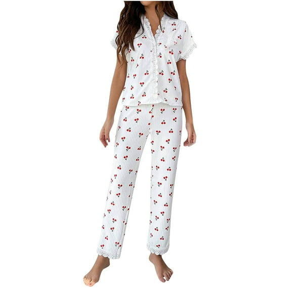 LOVZFMLL Pajama Sets for Women 2 Piece Cute Lace Cherry Print Short Sleeve Shirts and Pants Lounge Sets Comfy Soft Sleepwear Loungewear