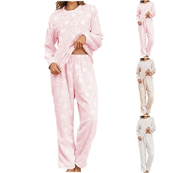 LOVZFMLL Pajama Sets for Women 2 Piece Fluffy Fleece Heart Print Long Sleeve Tops and Pants Lounge Sets Comfy Soft Sleepwear Loungewear