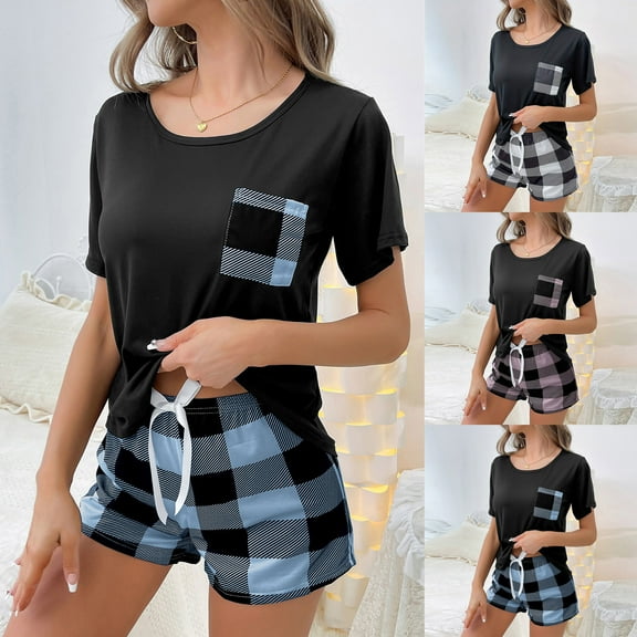 LOVZFMLL Pajama Sets for Women 2 Piece Gingham Short Sleeve T-Shirt and Shorts Lounge Sets Comfy Soft Sleepwear Loungewear