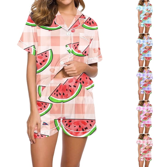 LOVZFMLL Pajama Sets for Women 2 Piece Gingham Watermelon Print Short Sleeve Button Down Shirt and Shorts Lounge Sets Comfy Soft Sleepwear Loungewear