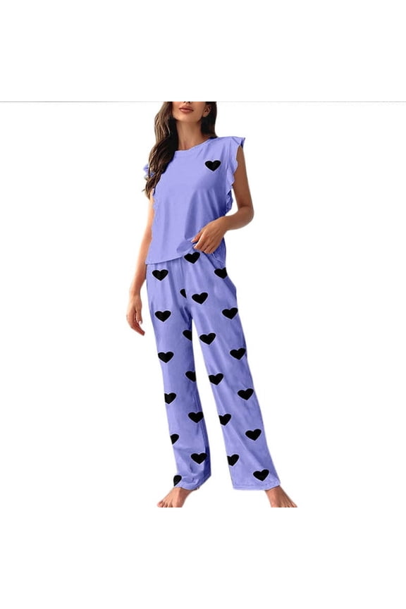 Pajama Sets for Women 2 Piece Ruffle Heart Print Sleeveless Tops and Pants Lounge Sets Comfy Soft Sleepwear Loungewear