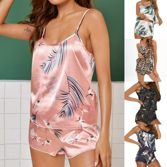 LOVZFMLL Pajama Sets for Women 2 Piece Satin Floral Spaghetti Strap Tank Top and Shorts Lounge Sets Comfy Soft Sleepwear Loungewear