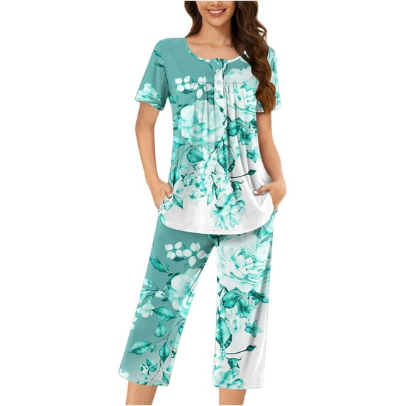 LOVZFMLL Pajama Sets for Women 2 Piece Stripe Floral Ruched Short Sleeve Top and Capri Pants Lounge Sets Comfy Soft Sleepwear Loungewear