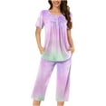 thumbnail image 1 of LOVZFMLL Pajama Sets for Women 2 Piece Stripe Floral Ruched Short Sleeve Top and Capri Pants Lounge Sets Comfy Soft Sleepwear Loungewear, 1 of 5