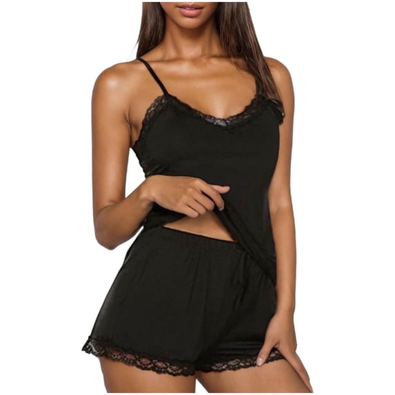 LOVZFMLL Pajamas for Women Spaghetti Strap V Neck Lace Hem Tank Top and Shorts Lounge Short Sets Summer Soft Comfy Matching Sets Black S