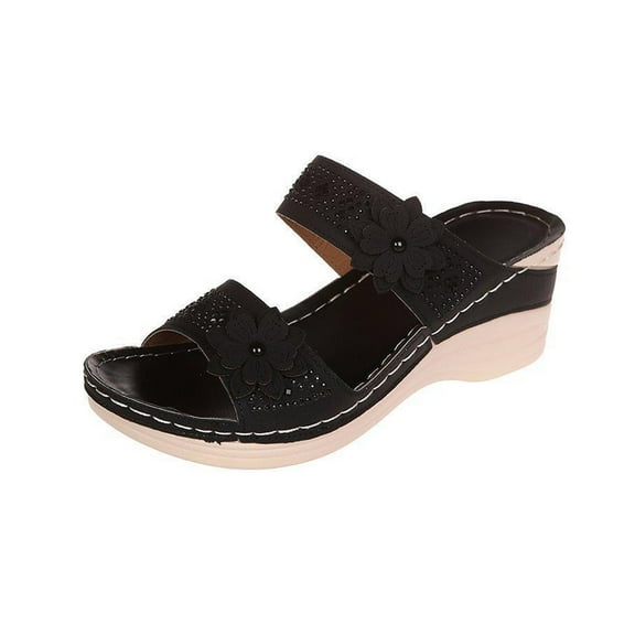 LOVZFMLL Chunky Wedge Sandals For Women with Arch Support Two Band Floral Summer Casual Slides Open Toe Slip On Slippers Black 6