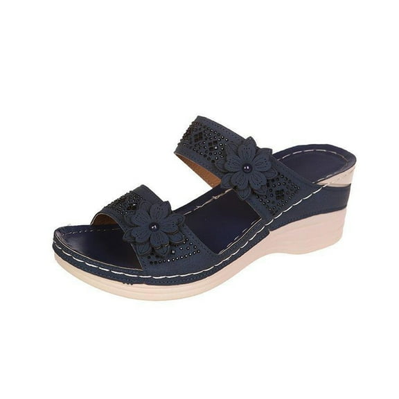LOVZFMLL Chunky Wedge Sandals For Women with Arch Support Two Band Floral Summer Casual Slides Open Toe Slip On Slippers Navy 6
