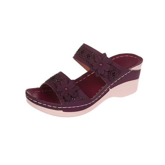 LOVZFMLL Chunky Wedge Sandals For Women with Arch Support Two Band Floral Summer Casual Slides Open Toe Slip On Slippers Red 7