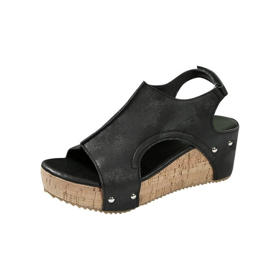 LOVZFMLL Chunky Wedge Sandals for Women Fashion Casual Open Toe Ankle Straps Cork Clogs Outdoor Travel Beach Vacation Sandals Black 7.5