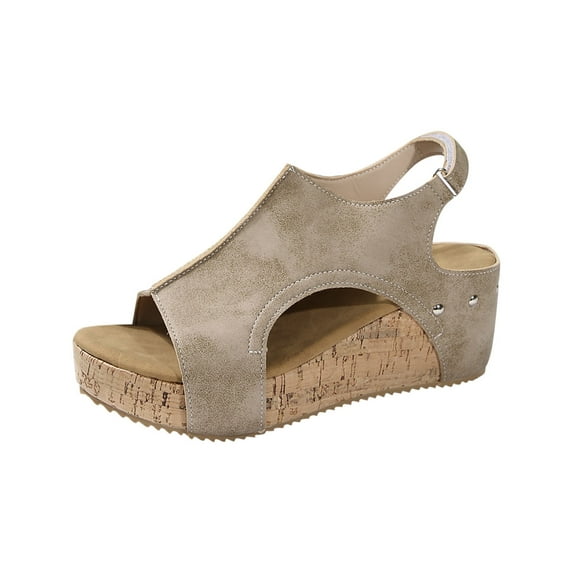 LOVZFMLL Chunky Wedge Sandals for Women Fashion Casual Open Toe Ankle Straps Cork Clogs Outdoor Travel Beach Vacation Sandals Khaki 8.5