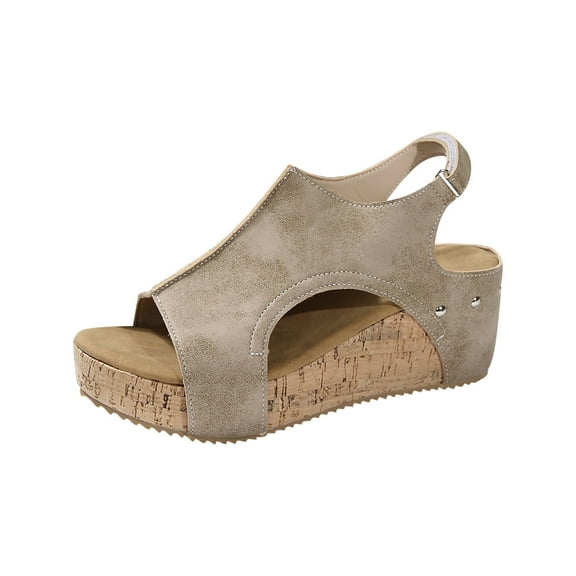 LOVZFMLL Chunky Wedge Sandals for Women Fashion Casual Open Toe Ankle Straps Cork Clogs Outdoor Travel Beach Vacation Sandals Khaki 8.5