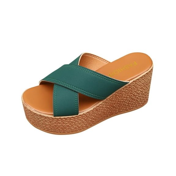 LOVZFMLL Chunky Wedges Sandals for Women Cross Strap Thick Sole Slippers Summer Casual Open Toe Beach Slides Outdoor Slip On Green 9