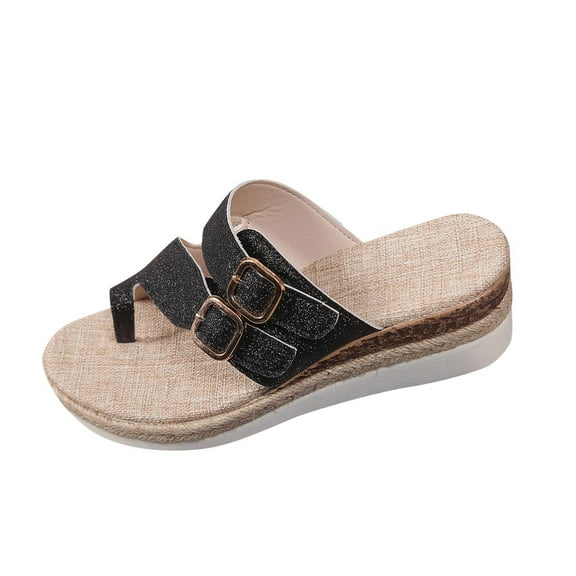LOVZFMLL Platform Wedges Sandals for Women Summer Casual Toe Loop Thong Slippers for Beach Comfort Walking Outdoor Open Toe Slip On Black 5.5
