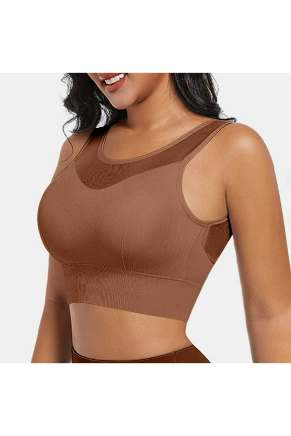 Plus Size Sports Bras for Women Racerback Padded Push Up Workout Yoga Crop Tank Top Mesh Quick Dry Support Bra for Gym Running Fitness Brown S