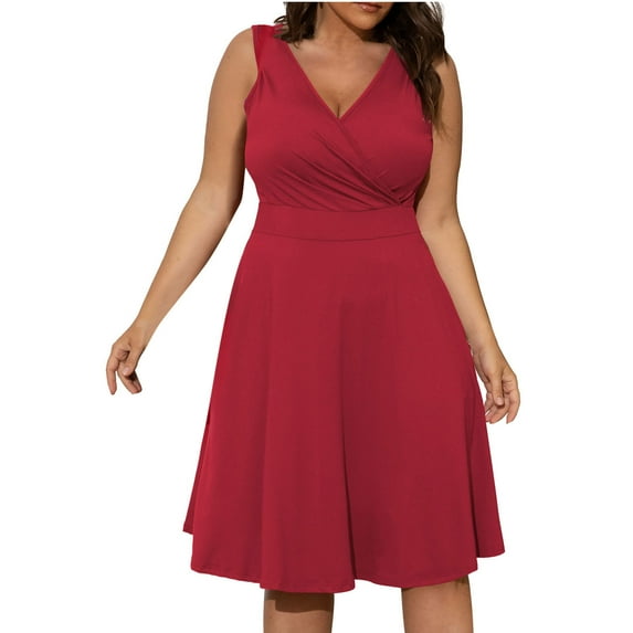 LOVZFMLL Plus Size Summer Dresses for Women 2025 Casual Short Sleeve V Neck Wrap Midi Dress Formal Cocktail Wedding Guest Dress Red 4XL