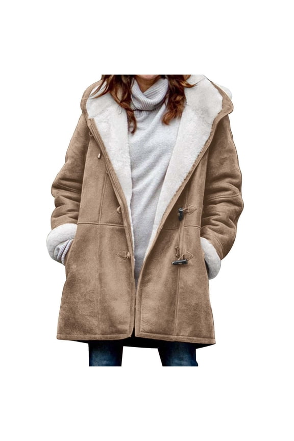 Plus Size Women's Fleece Coat Long Hooded Cardigan with Pockets Fur Lined Winter Outerwear Warm Button Front