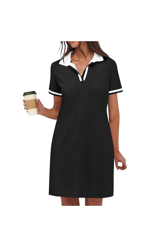 Golf Dress for Women Summer Casual V Neck Short Sleeve Flowy Contrast Color Shift T-Shirt Dresses with Pockets Black B XXL