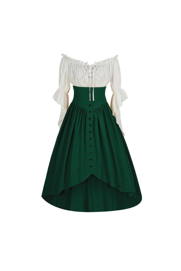 Renaissance Costume for Women Victorian Medieval Peasant Dress Ruffle Sleeve Lace Up High Low Shirt Maxi Dress Halloween Cosplay Party Outfit