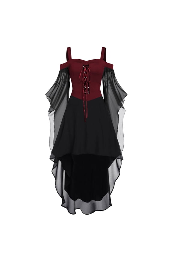 Renaissance Costume for Women Medieval Victorian Gothic Dress Halloween Witch Costume Cold Shoulder High Low Lace Up Maxi Dress