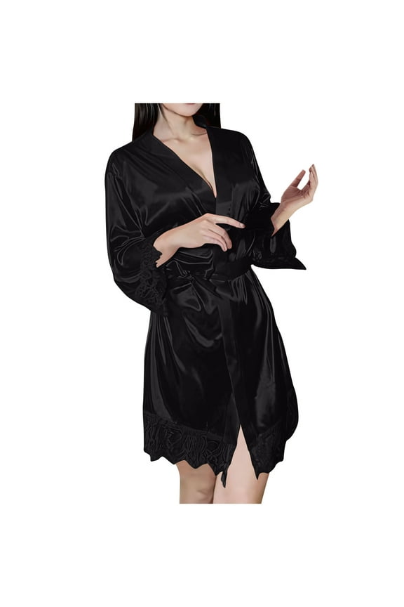 Robes for Women Satin Shawl Collar Ultra Soft Cozy Bathrobe Lace Knee Length Sleepwear Robe Casual Ladies Loungewear