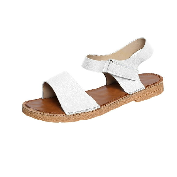 LOVZFMLL Sandals for Women 2025 Fashion Leather Open Toe Ankle Strap Summer Flat Shoes for Casual Outdoor Beach Vacation Walking Flats White 6