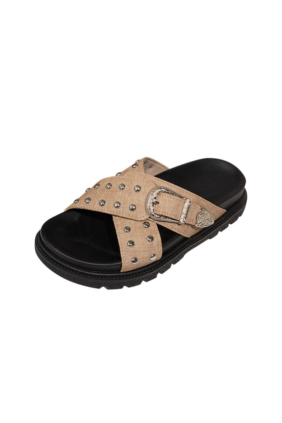 Sandals for Women 2025 Fashion Metal Buckle Cross Straps Thick Flat Slides Slippers Summer Outdoor Walking Beach Vacation Slippers Khaki 5