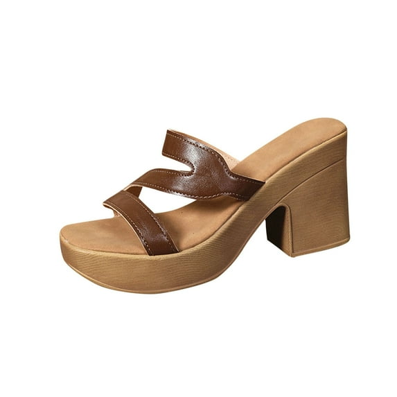 LOVZFMLL Sandals for Women 2025 Slip On Straps Heels Sandals Casual Outdoor Beach Vacation Chunky Sandals Dress Shoes Brown 7