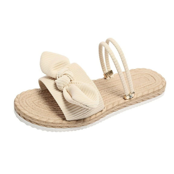 LOVZFMLL Sandals for Women 2025 Summer Bow Knot Flat Slippers Slip On Open Toe Walking Sandals for Casual Outdoor Beach Vacation Beige 6.5