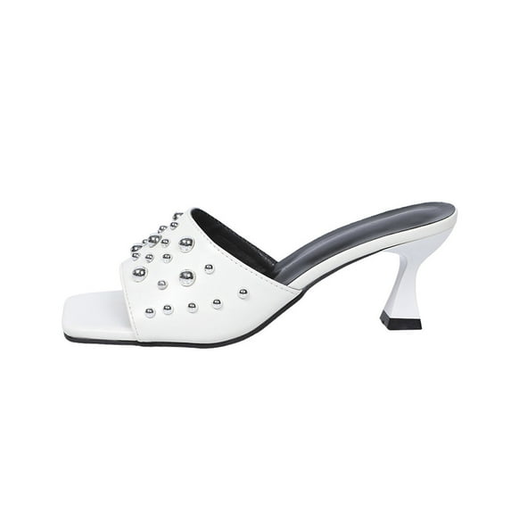 LOVZFMLL Sandals for Women 2025 Summer Fashion Square Toe Glitter Heel Mules Slip On Lady Casual Dressy Office Shoes White 5
