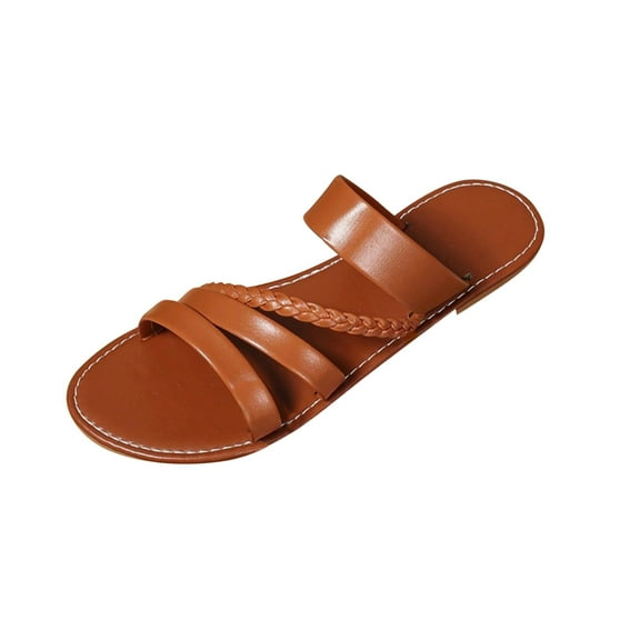 LOVZFMLL Sandals for Women 2025 Summer Fashion Strappy Slip On Flat Sandals Casual Outdoor Vacation Beach Slippers Brown 8