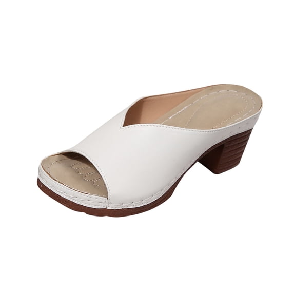 LOVZFMLL Sandals for Women 2025 Summer Leather Slip On Open Toe Heels Sandals for Casual Outdoor Beach Vacation Chunky Sandals White 8.5