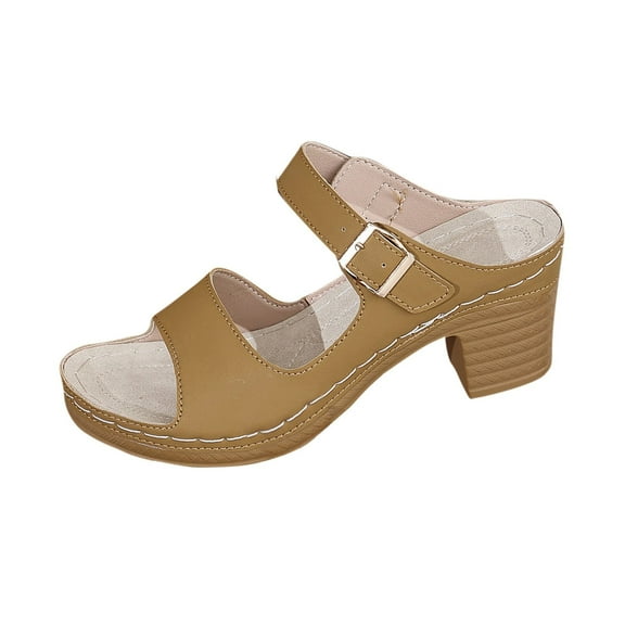 LOVZFMLL Sandals for Women 2025 Two Straps Slip On Heels Sandals for Casual Outdoor Summer Beach Vacation Chunky Sandals Khaki 5.5
